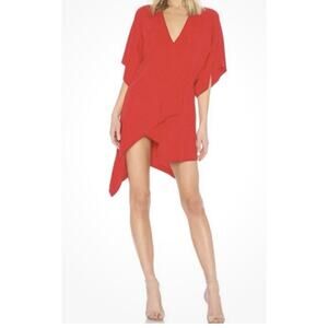 Red Dress V Neck Short Sleeve Asymmetrical Hem Party Cocktail Mini